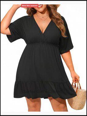Plus Size Swim Cover Up V-Neck Short Sleeve Beach Dress Ruffle Hem